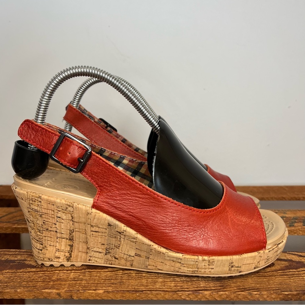 Crocs Red Leather Slingback Wedge Shoes Women’s Size 8